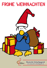 Postkarte mit dem Schriftzug "Frohe Weihnachten". Zu sehen ist Chessy mit einer Weihnachtsmütze und einem Geschenksack auf dem Rücken. Um Chessy herum liegen Geschenkpackete.