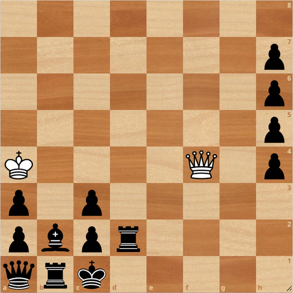 Matt in 50 Zügen. Weiß ist am Zug. Weiße Figuren Ka4, Df4. Schwarze Figuren: Kc8, Da8, Tb8, Td7, Lb7, Bauern auf a2, a3, c2, c3, h4, h5, h6, h7