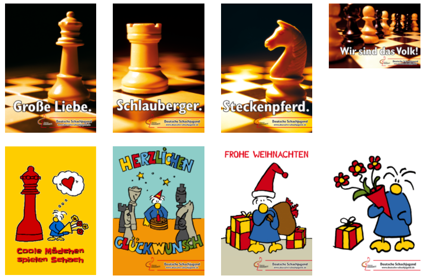 Collage mit 8 Postkarten, die bestellt werden können. 4 Postkarten haben als Motiv eine Schachfigur (Dame, Turm, Springer und Bauer) und 4 Postkarten haben das Maskottchen Chessy als Motiv. Die Chessy-Postkarte haben die Slogans "Coole Mädchen spielen Schach", "Herzlichen Glückwunsch", "Frohe Weihnachten" und eine Karte ist ohne Slogan.