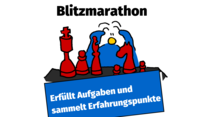 Titelbild, zu sehen ist der Schfiftzug "Blitzmarathon" und darunter unser Maskottchen Chessy hinter 5 Schachfiguren sitzend. Darunter steht ein Slogan "Erfüllt Aufgaben und sammelt Erfahrungspunkte"
